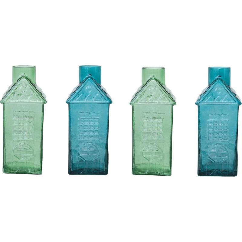 Creative CoOp Charming Glass HouseShaped Vases Green and Blue Set of 2