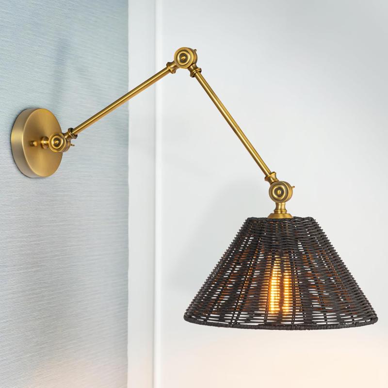 Creative CoOp Coastal Adjustable Wall Sconce with Black Rattan Shade Antique Brass FinishAntique BrassBlack