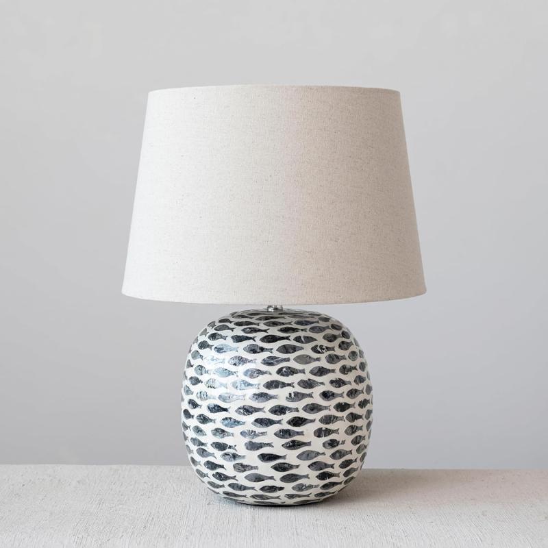 Creative CoOp Coastal Capiz and Bamboo Fish Design Set of 2 Blue and White Table Lamp