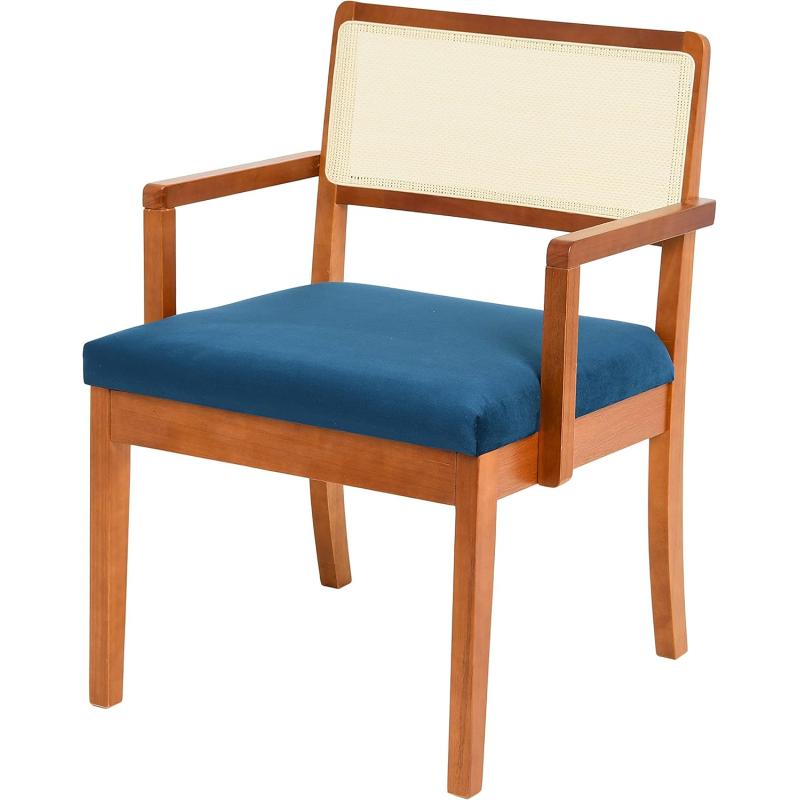 Creative CoOp Crawford Mid Century Modern Solid Wood Black Arm Chair with Natural Woven Cane Back and Velvet Upholstered Seat BlackDark Blue