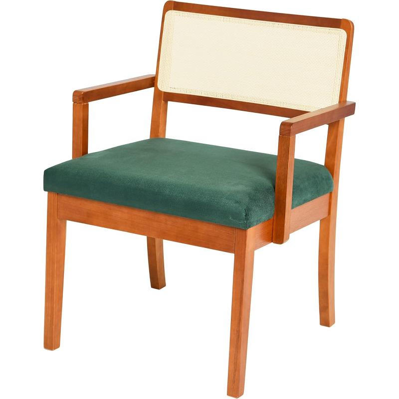 Creative CoOp Crawford Mid Century Modern Solid Wood Black Arm Chair with Natural Woven Cane Back and Velvet Upholstered Seat BlackDark Green