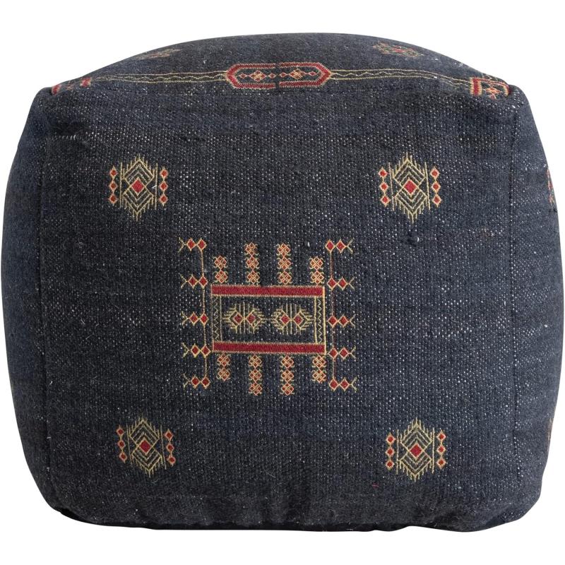 Creative CoOp Global Cotton Tufted Ottoman with Geometric Embroidery Navy Pouf Blue