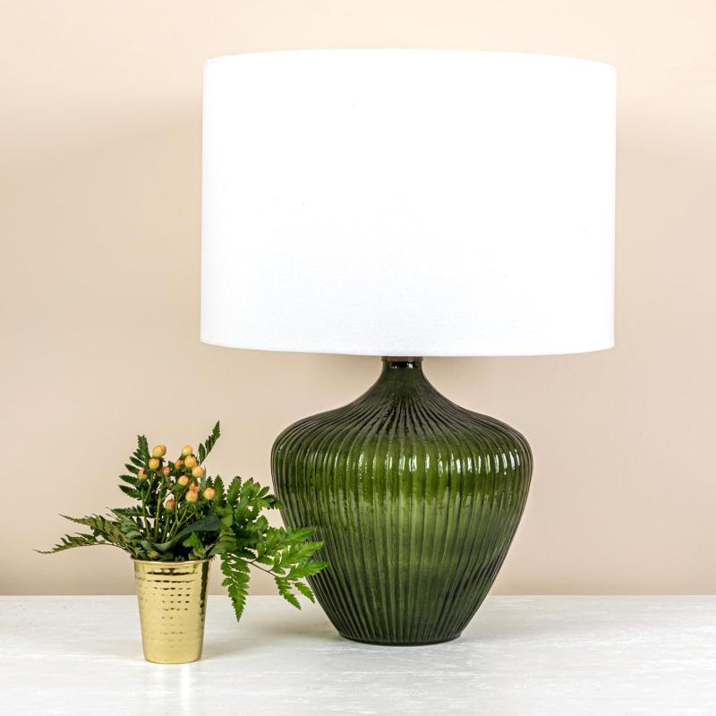 Creative CoOp Green Glass Table Lamp with White Drum Shade