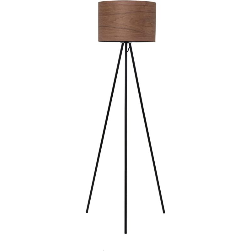 Creative CoOp Modern Metal Tripod Walnut Wood Shade Natural and Black Floor Lamp Brown