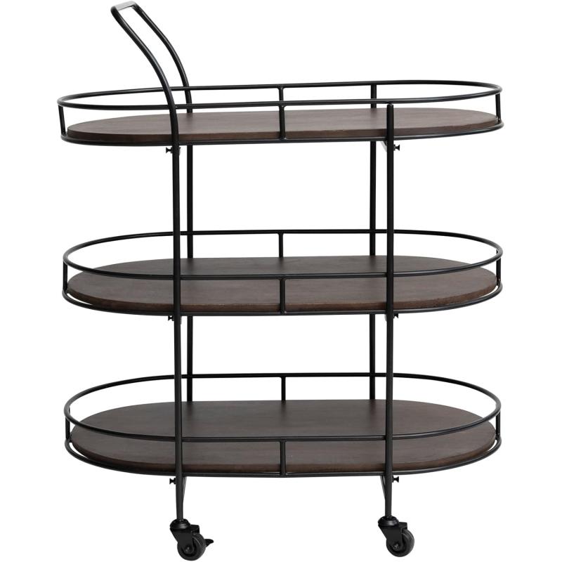 Creative CoOp Modern Metal Wood Lined Shelves Black and Brown Bar Cart