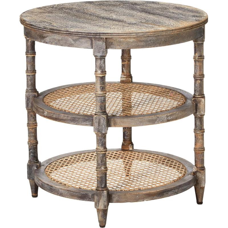 Creative CoOp Round Solid Wood End Table with 2 Woven Cane Shelves Grey WashedBrown