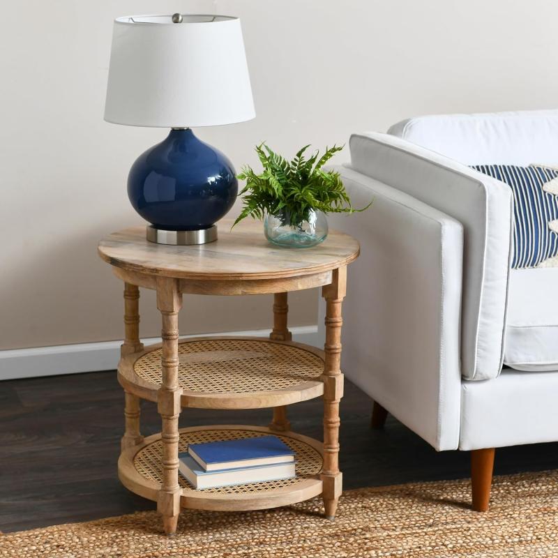 Creative CoOp Round Solid Wood End Table with 2 Woven Cane Shelves Grey WashedTanBeige