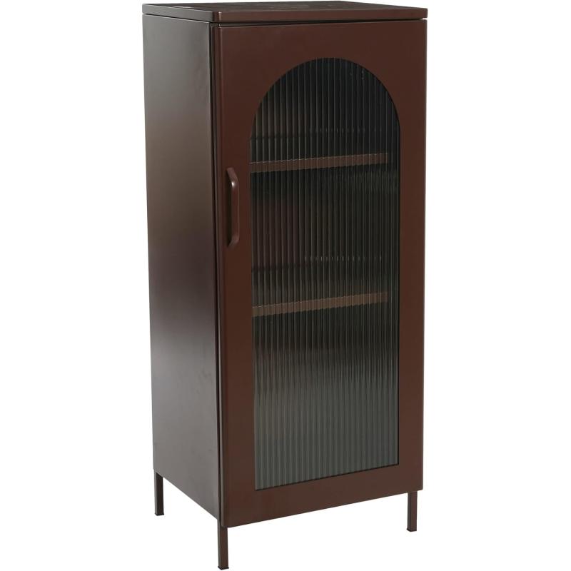 Creative CoOp Solstice Metal Cabinet with 2 Arched Glass Doors Dark GreenBrown