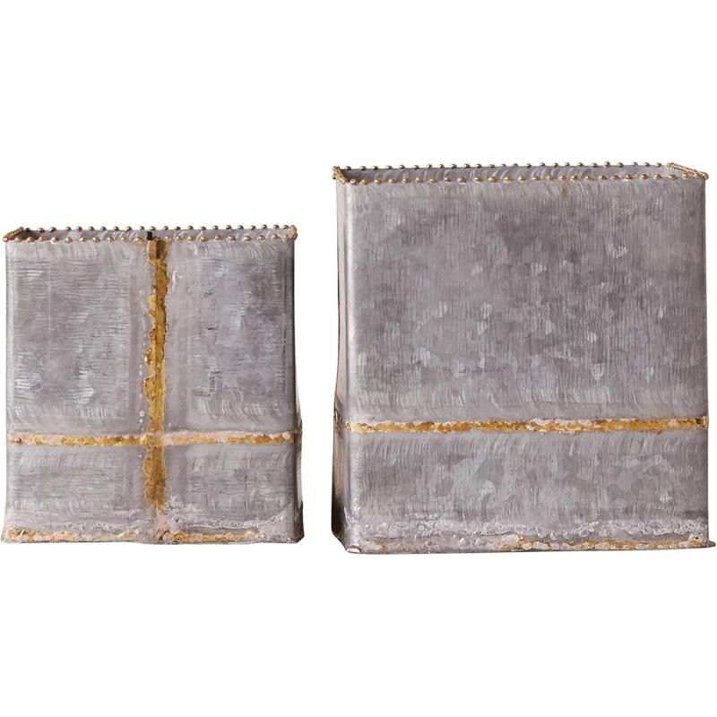 Creative CoOp Square Grey ampamp Gold Planters Set of 2 SizesSet of 2 Square Planters