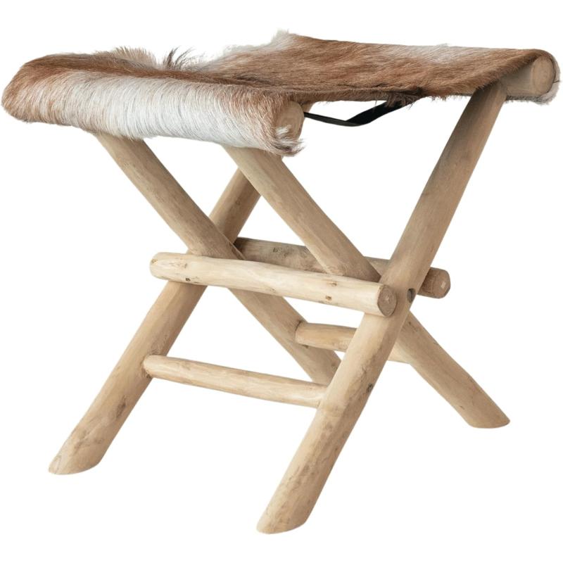 Creative CoOp Teakwood and Goat Fur Folding Stool Natural