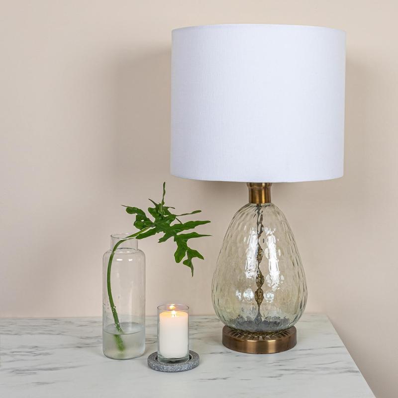 Creative CoOp Textured Glass Base Table Lamp with Cotton Drum Shade White