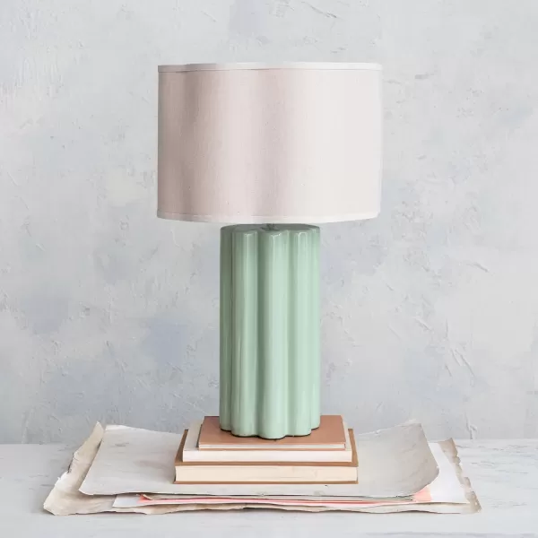 Creative CoOp 150 Watt Fluted Stoneware Table Lamp with Linen Scalloped Shade Mint