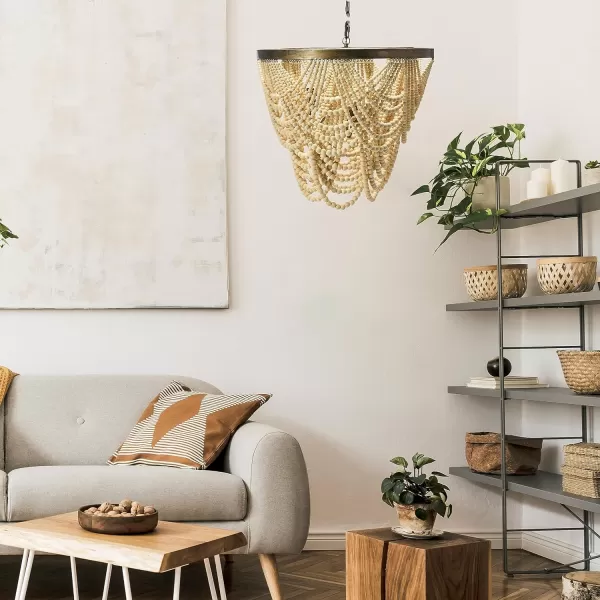 Creative CoOp 2Tier Draped Wood Bead Chandelier Pendant 26quot H IvoryChandelier