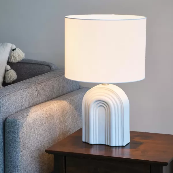 Creative CoOp Carved Arch Stoneware Table Lamp with Linen Drum Shade White