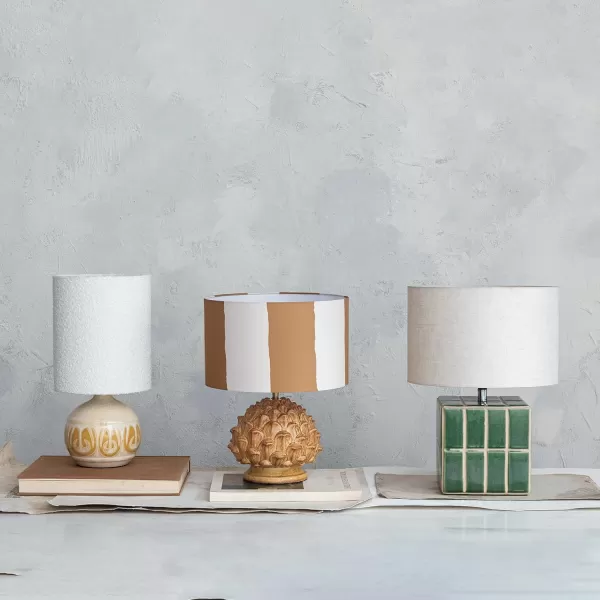 Creative CoOp Ceramic Table Lamp with Linen Shade Green and White