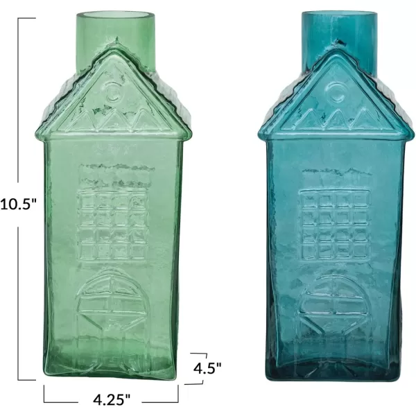 Creative CoOp Charming Glass HouseShaped Vases Green and Blue Set of 2