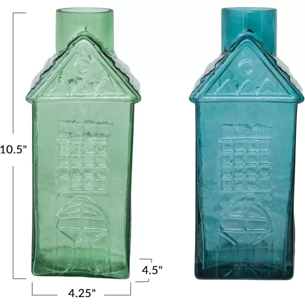 Creative CoOp Charming Glass HouseShaped Vases Green and Blue Set of 2