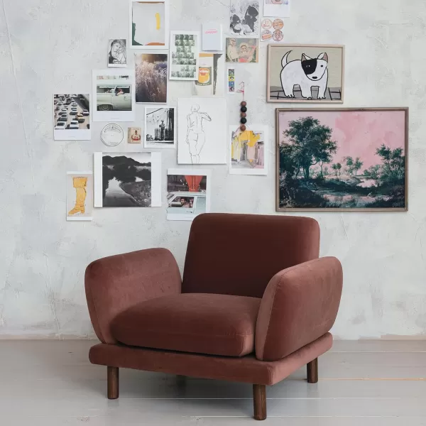 Creative CoOp Clay Velvet Upholstered Sofa with Oak Wood Legs ColorArm Chair