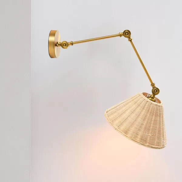 Creative CoOp Coastal Adjustable Wall Sconce with Black Rattan Shade Antique Brass FinishAntique Brass