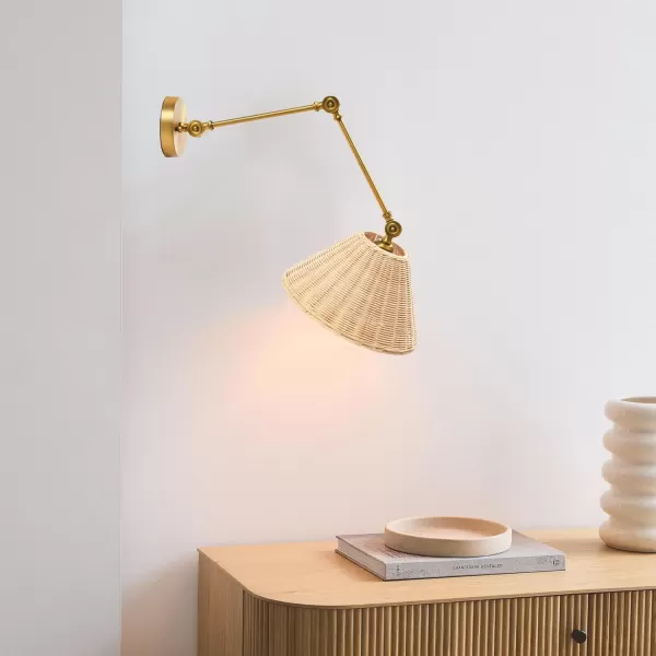Creative CoOp Coastal Adjustable Wall Sconce with Black Rattan Shade Antique Brass FinishAntique Brass