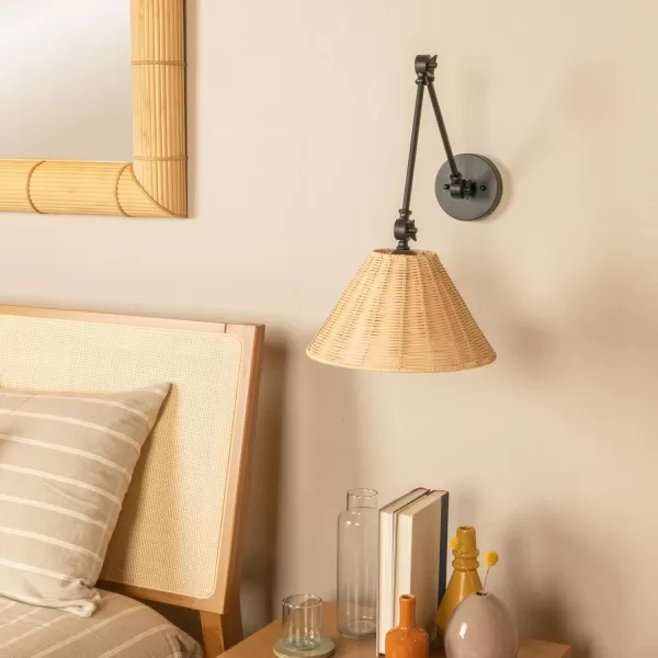 Creative CoOp Coastal Adjustable Wall Sconce with Black Rattan Shade Antique Brass FinishBlack