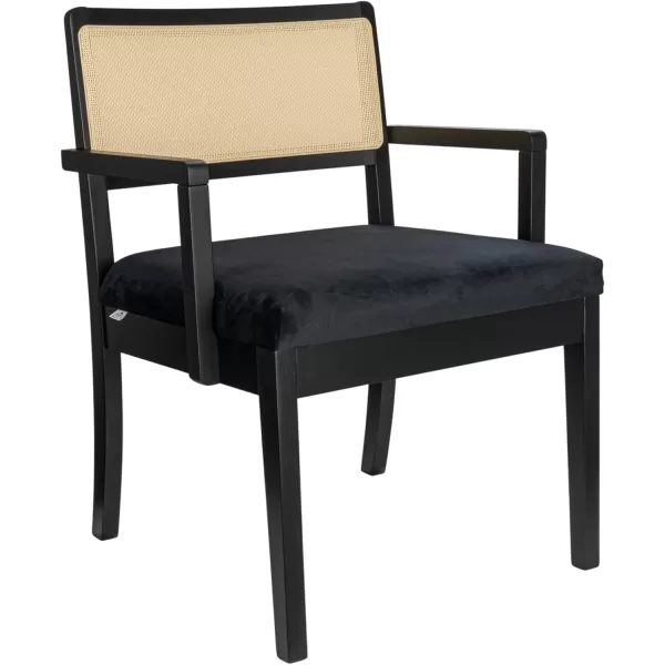 Creative CoOp Crawford Mid Century Modern Solid Wood Black Arm Chair with Natural Woven Cane Back and Velvet Upholstered Seat BlackBlack and Natural