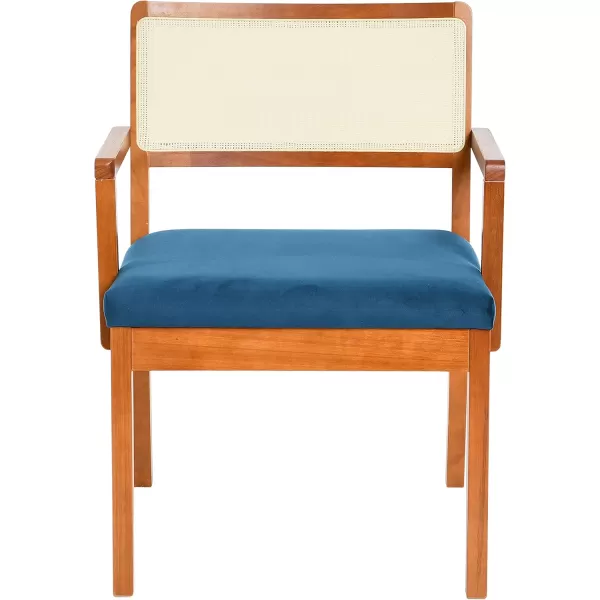 Creative CoOp Crawford Mid Century Modern Solid Wood Black Arm Chair with Natural Woven Cane Back and Velvet Upholstered Seat BlackDark Blue