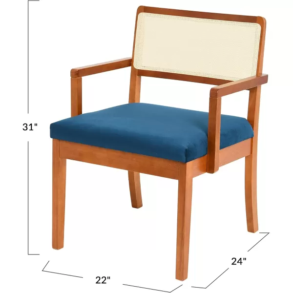 Creative CoOp Crawford Mid Century Modern Solid Wood Black Arm Chair with Natural Woven Cane Back and Velvet Upholstered Seat BlackDark Blue
