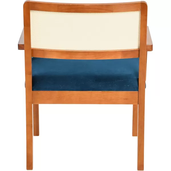 Creative CoOp Crawford Mid Century Modern Solid Wood Black Arm Chair with Natural Woven Cane Back and Velvet Upholstered Seat BlackDark Blue