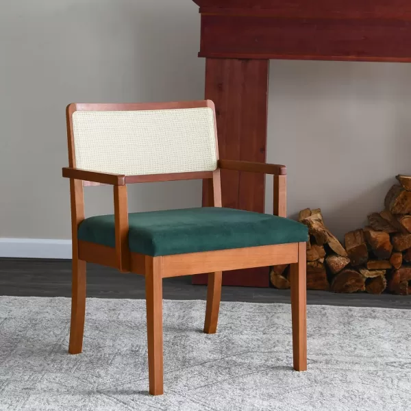 Creative CoOp Crawford Mid Century Modern Solid Wood Black Arm Chair with Natural Woven Cane Back and Velvet Upholstered Seat BlackDark Green