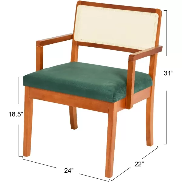 Creative CoOp Crawford Mid Century Modern Solid Wood Black Arm Chair with Natural Woven Cane Back and Velvet Upholstered Seat BlackDark Green