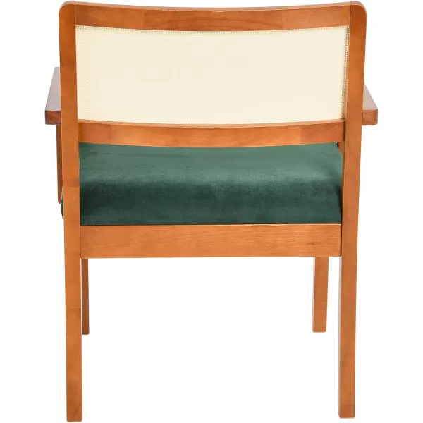 Creative CoOp Crawford Mid Century Modern Solid Wood Black Arm Chair with Natural Woven Cane Back and Velvet Upholstered Seat BlackDark Green