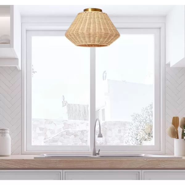 Creative CoOp Flush Mount Ceiling Light with Woven Paper Rope Shade GreyNatural Rattan
