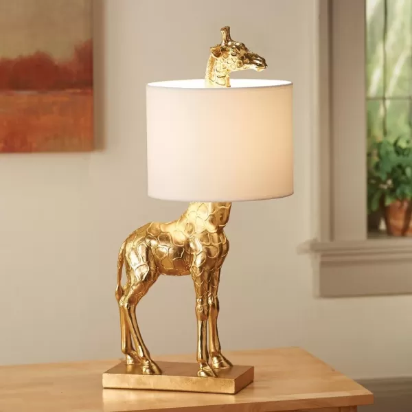 Creative CoOp Giraffe Table Lamp with Linen Shade Bronze FinishGold