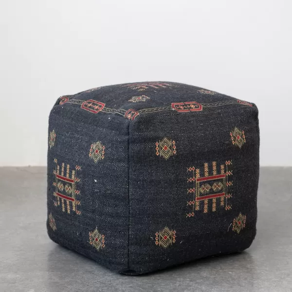 Creative CoOp Global Cotton Tufted Ottoman with Geometric Embroidery Navy Pouf Blue