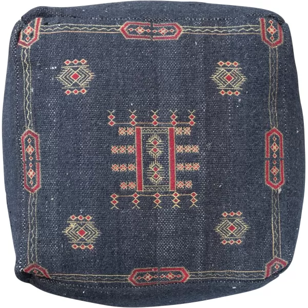 Creative CoOp Global Cotton Tufted Ottoman with Geometric Embroidery Navy Pouf Blue