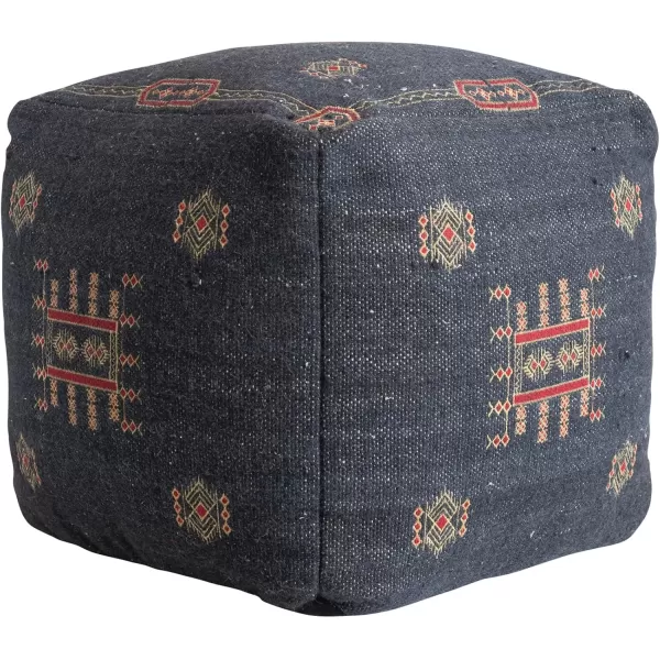 Creative CoOp Global Cotton Tufted Ottoman with Geometric Embroidery Navy Pouf Blue