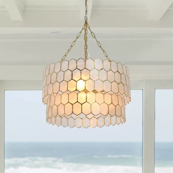 Creative CoOp Gold Honeycomb Globe Pendant Light Capiz White Seashells with Antique 16quotGold