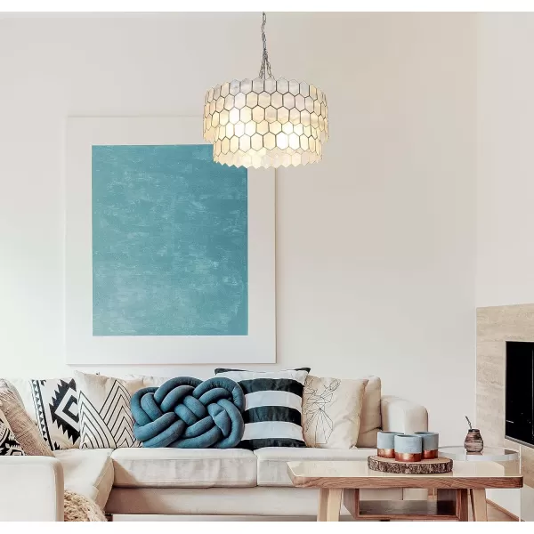 Creative CoOp Gold Honeycomb Globe Pendant Light Capiz White Seashells with Antique 16quotMatte Silver