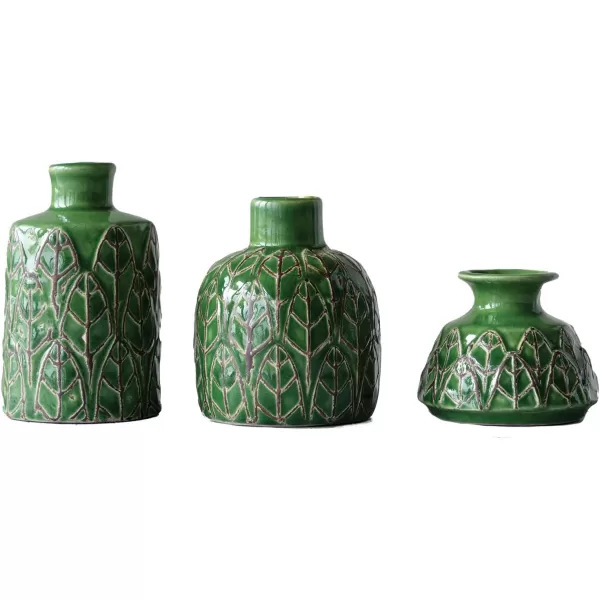 Creative CoOp Green Embossed Stoneware Vases Set of 3 Sizes