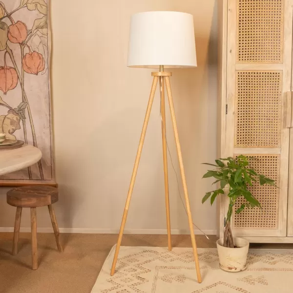 Creative CoOp Mid Century Modern Tripod Wood Floor Lamp with Linen Shade Natural and CreamNatural