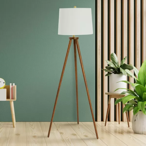 Creative CoOp Mid Century Modern Tripod Wood Floor Lamp with Linen Shade Natural and CreamWhite