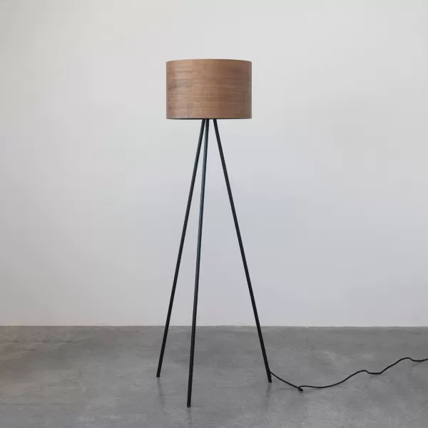 Creative CoOp Modern Metal Tripod Walnut Wood Shade Natural and Black Floor Lamp Brown