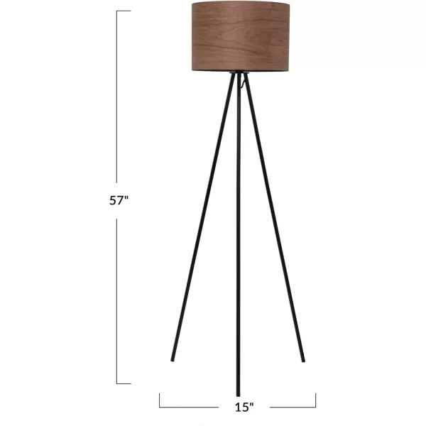Creative CoOp Modern Metal Tripod Walnut Wood Shade Natural and Black Floor Lamp Brown