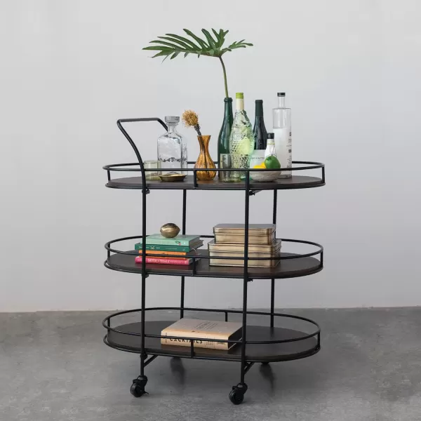 Creative CoOp Modern Metal Wood Lined Shelves Black and Brown Bar Cart