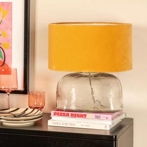 Creative CoOp Modern Table Lamp with Glass Base and Velvet Shade Mustard Yellow
