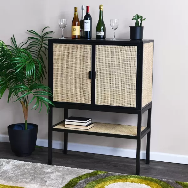 Creative CoOp Pine Wood Natural Rattan Details Cabinet GreyBlack
