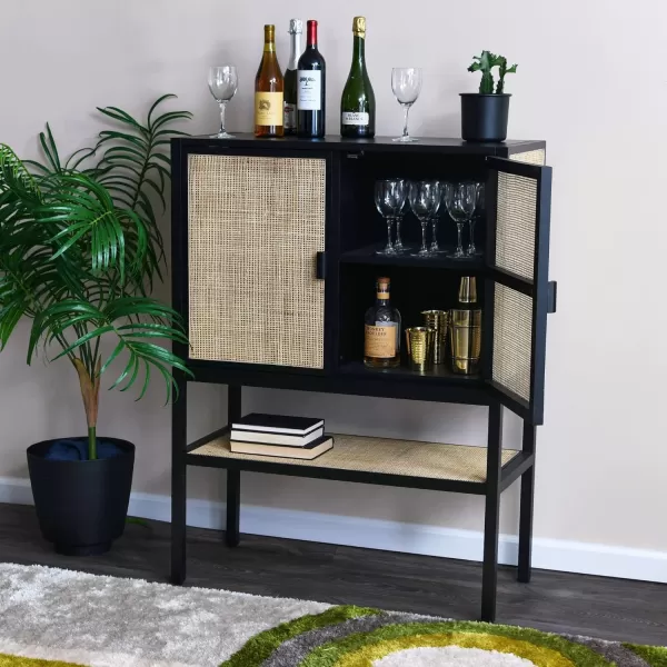 Creative CoOp Pine Wood Natural Rattan Details Cabinet GreyBlack