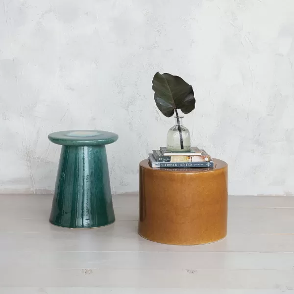 Creative CoOp Round Reactive Glaze Stoneware Stool Teal