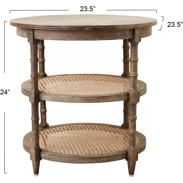Creative CoOp Round Solid Wood End Table with 2 Woven Cane Shelves Grey WashedBrown